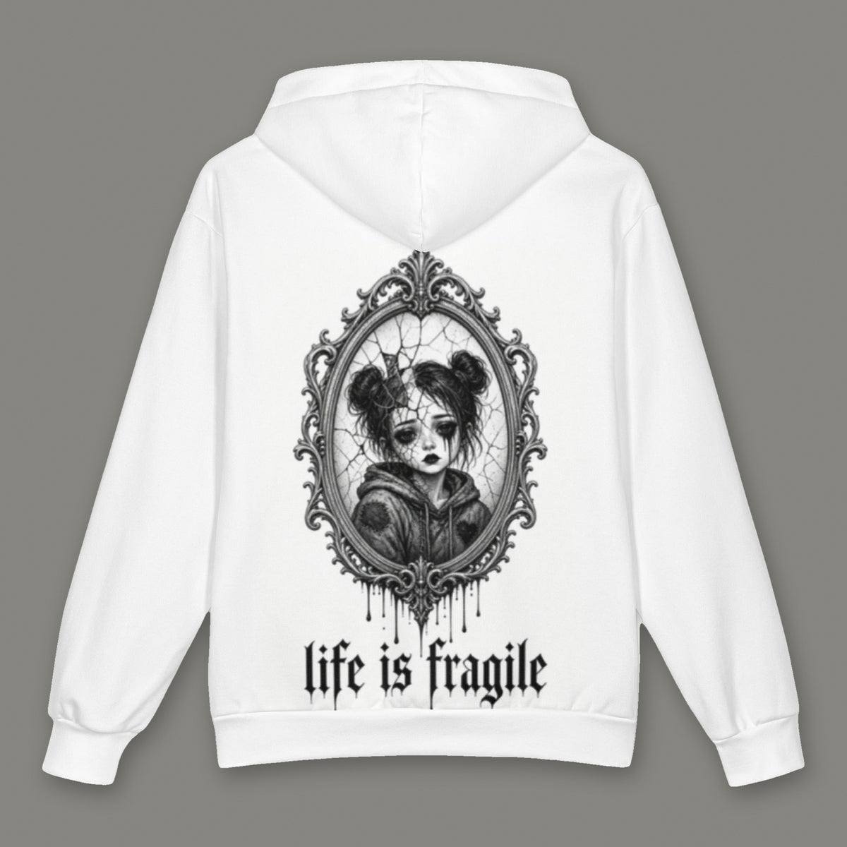Life is Fragile Oversized Cotton Hoodie by Trauma Dump, oversized grunge hoodie with cracked-mirror print, mockup view 3