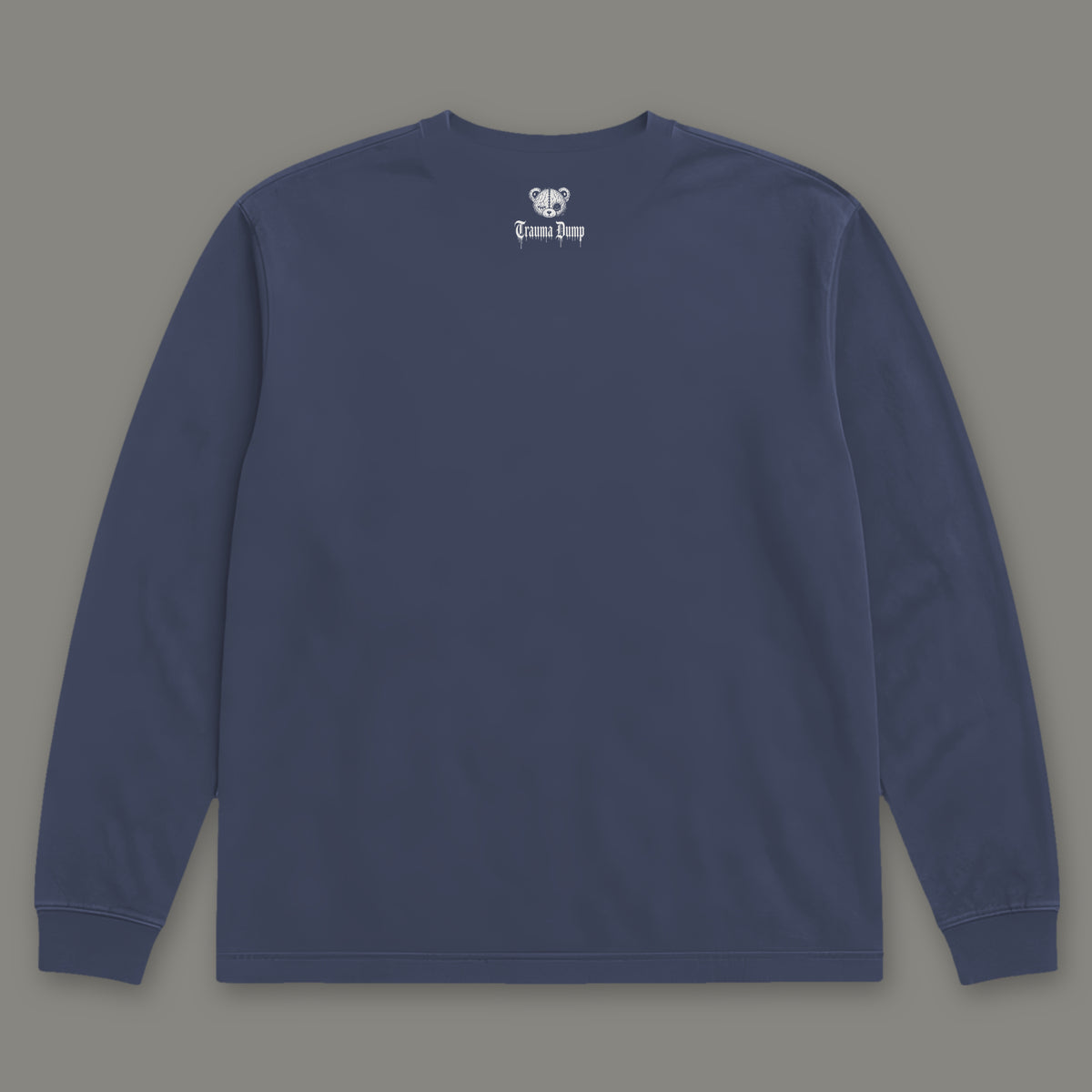 Inner Child Long Sleeve Tee back, Trauma Dump bear-head logo under the collar (Navy, white ink)