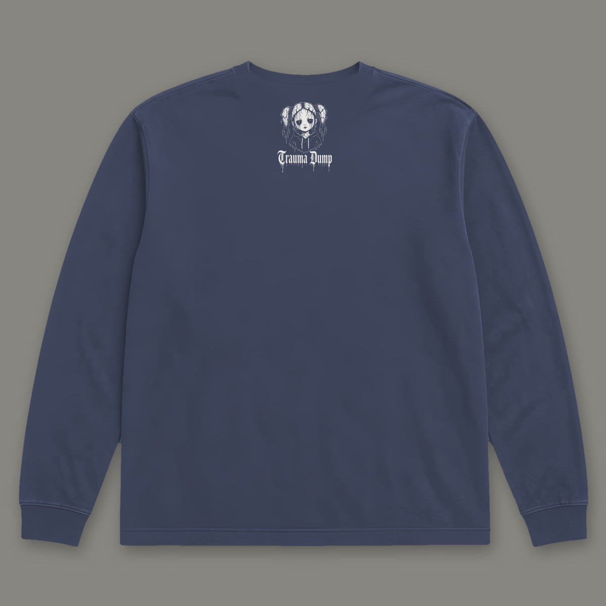 Skeletons in the Closet Long Sleeve Tee in navy, back view with doll portrait logo under the collar (Navy, white ink)