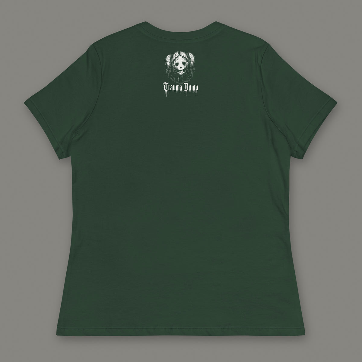 Skeletons in the Closet Women's Relaxed Tee in forest green by Trauma Dump, women's relaxed tee goth tee back view with TD doll logo under the collar in white ink (Forest Green, White ink)