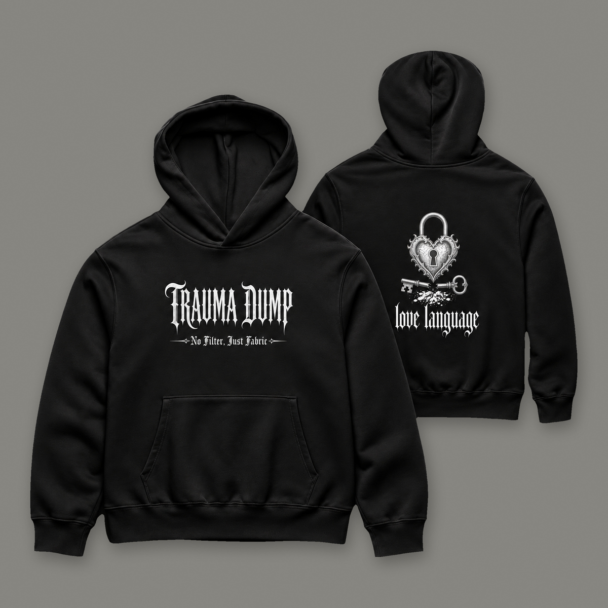 Love Language Oversized Heavyweight Hoodie by Trauma Dump, oversized goth hoodie with heart padlock print, mockup view 2 (Black, white ink)