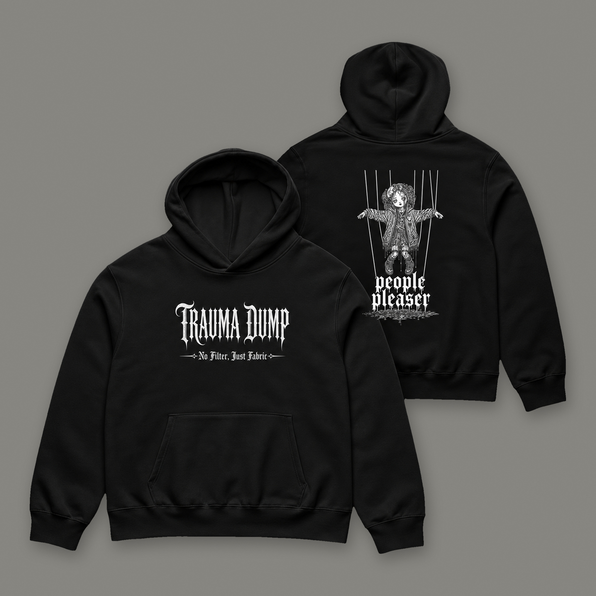 People Pleaser Oversized Heavyweight Hoodie by Trauma Dump, oversized goth hoodie with cut-strings marionette print, mockup view 2 (Black, white ink)