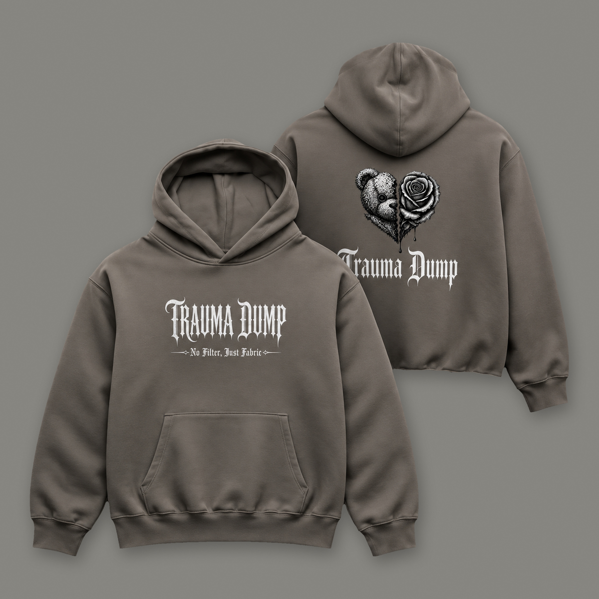 Trauma Dump Oversized Heavyweight Hoodie by Trauma Dump, oversized goth hoodie with broken heart print, mockup view 2 (Asphalt, white ink)