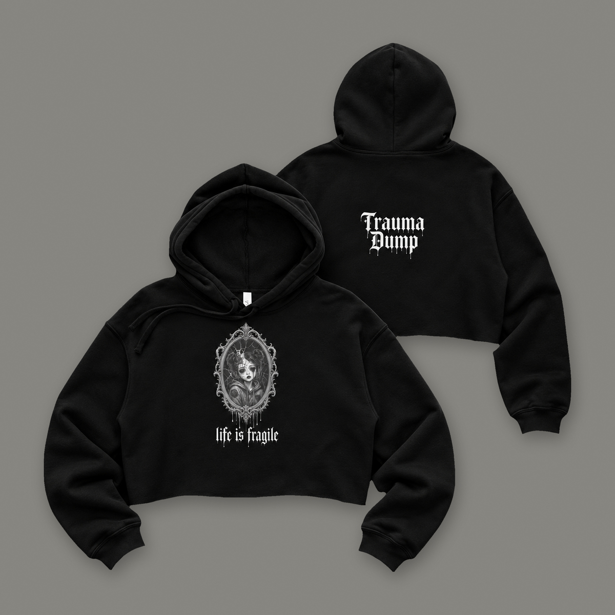 Life is Fragile Cropped Hoodie by Trauma Dump, goth cropped hoodie with cracked-mirror print, mockup view 2