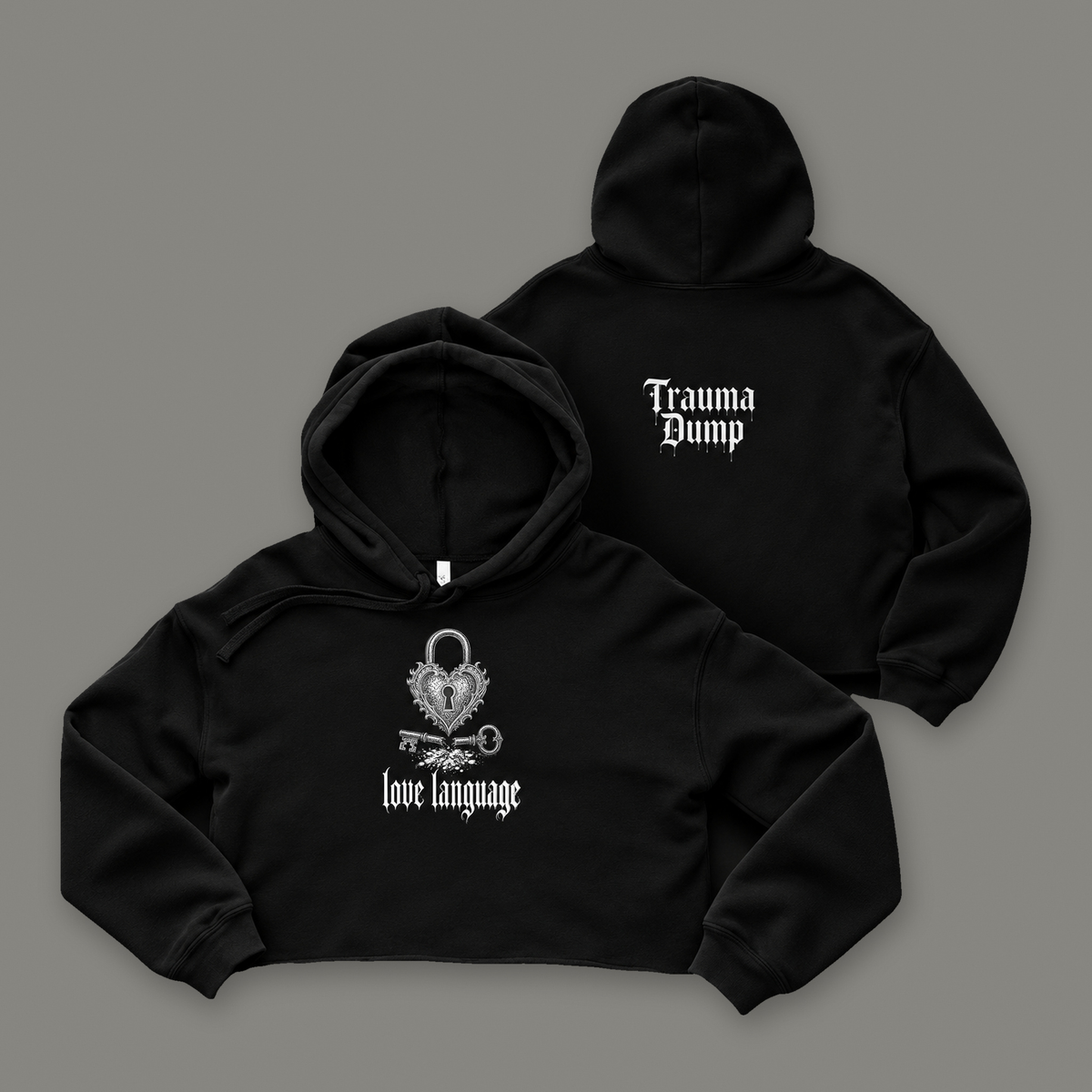 Love Language Cropped Hoodie by Trauma Dump, goth cropped hoodie with heart padlock print, mockup view 2