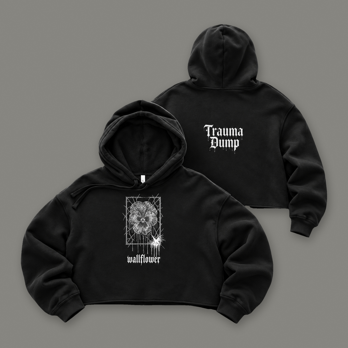 Wallflower Cropped Hoodie by Trauma Dump, goth cropped hoodie with pressed flower print, mockup view 2