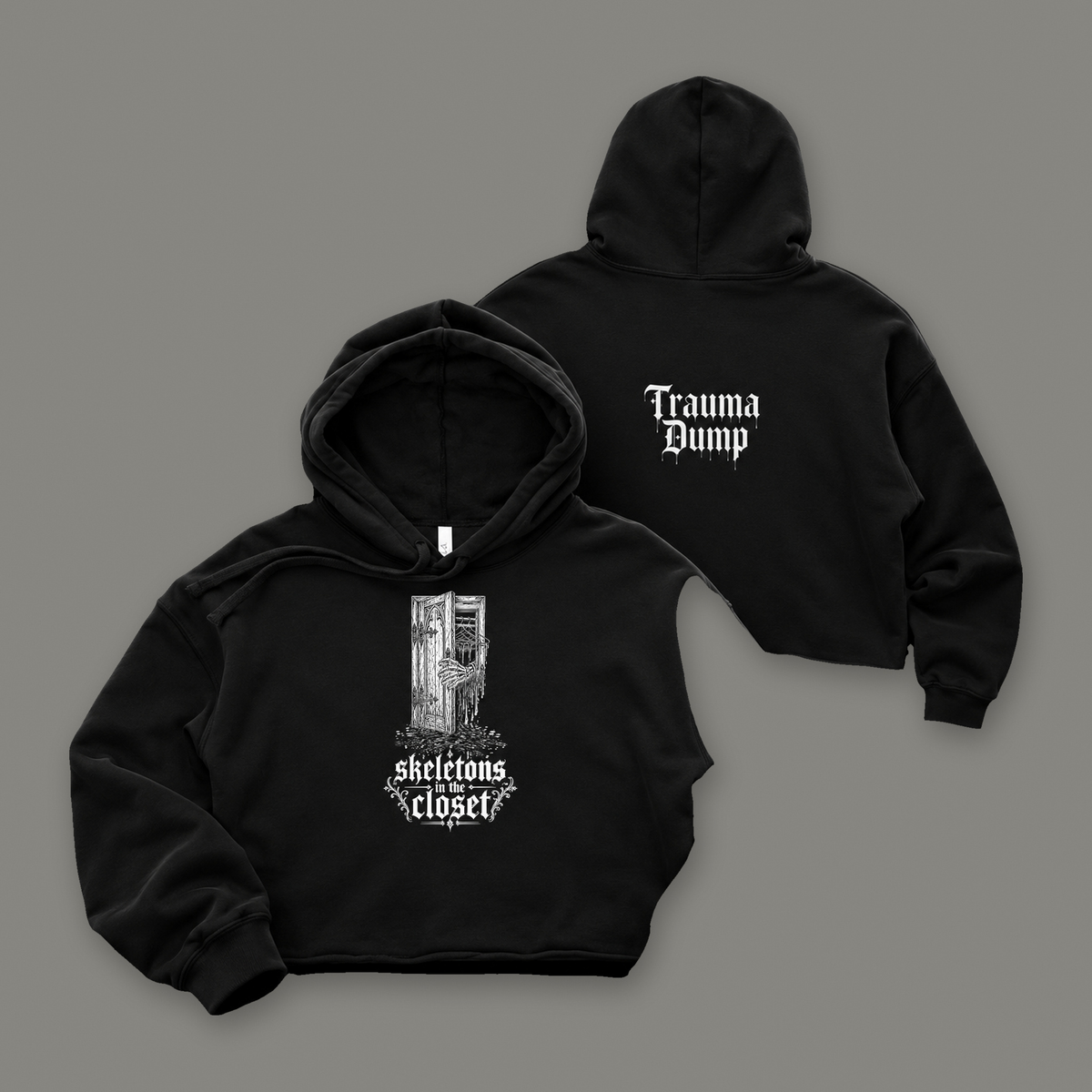 Skeletons in the Closet Cropped Hoodie by Trauma Dump, goth cropped hoodie with skeleton hand print, mockup view 2