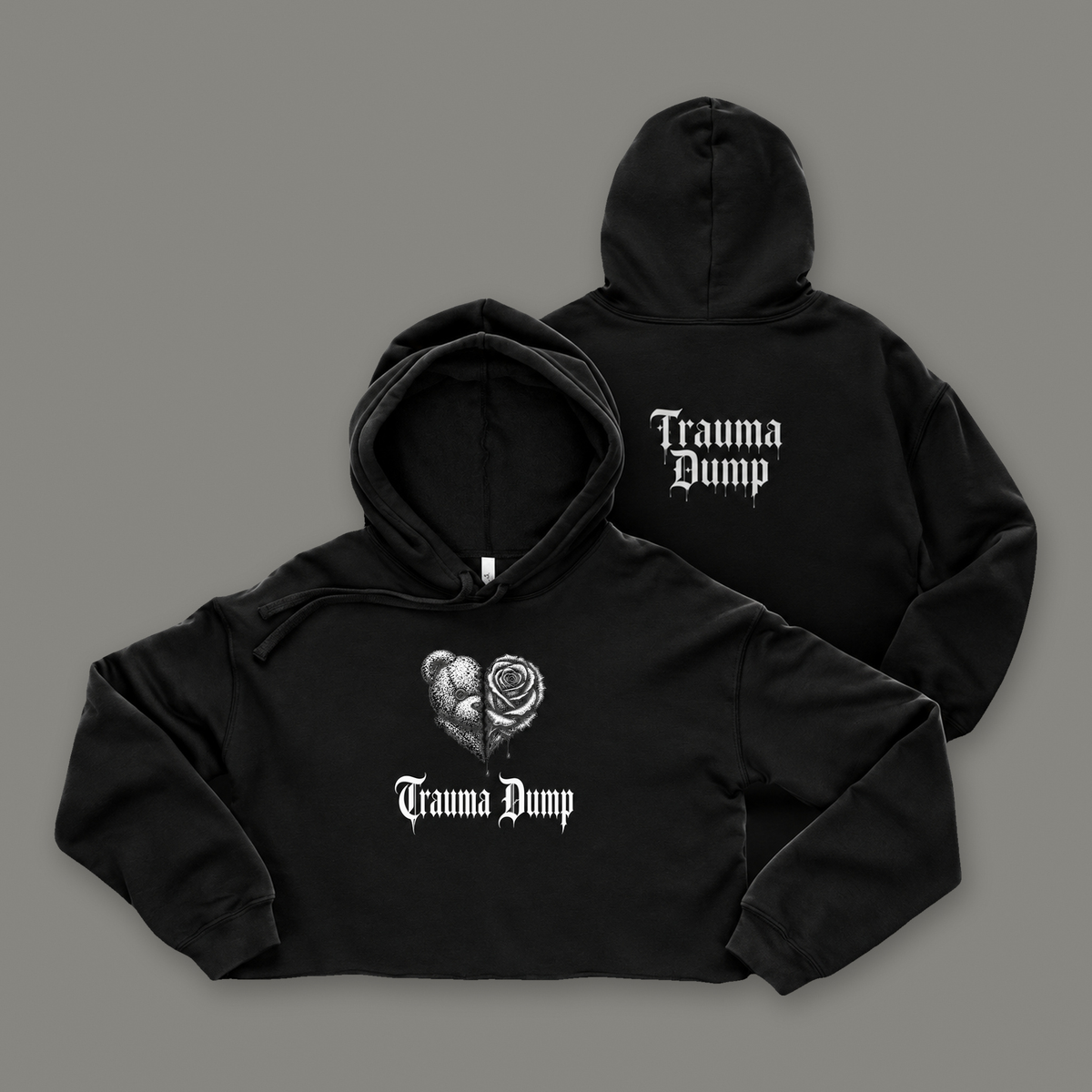 Trauma Dump Cropped Hoodie by Trauma Dump, goth cropped hoodie with broken heart print, mockup view 2