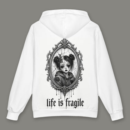 Life is Fragile Oversized Cotton Hoodie by Trauma Dump, oversized grunge hoodie with cracked-mirror print, mockup view 3