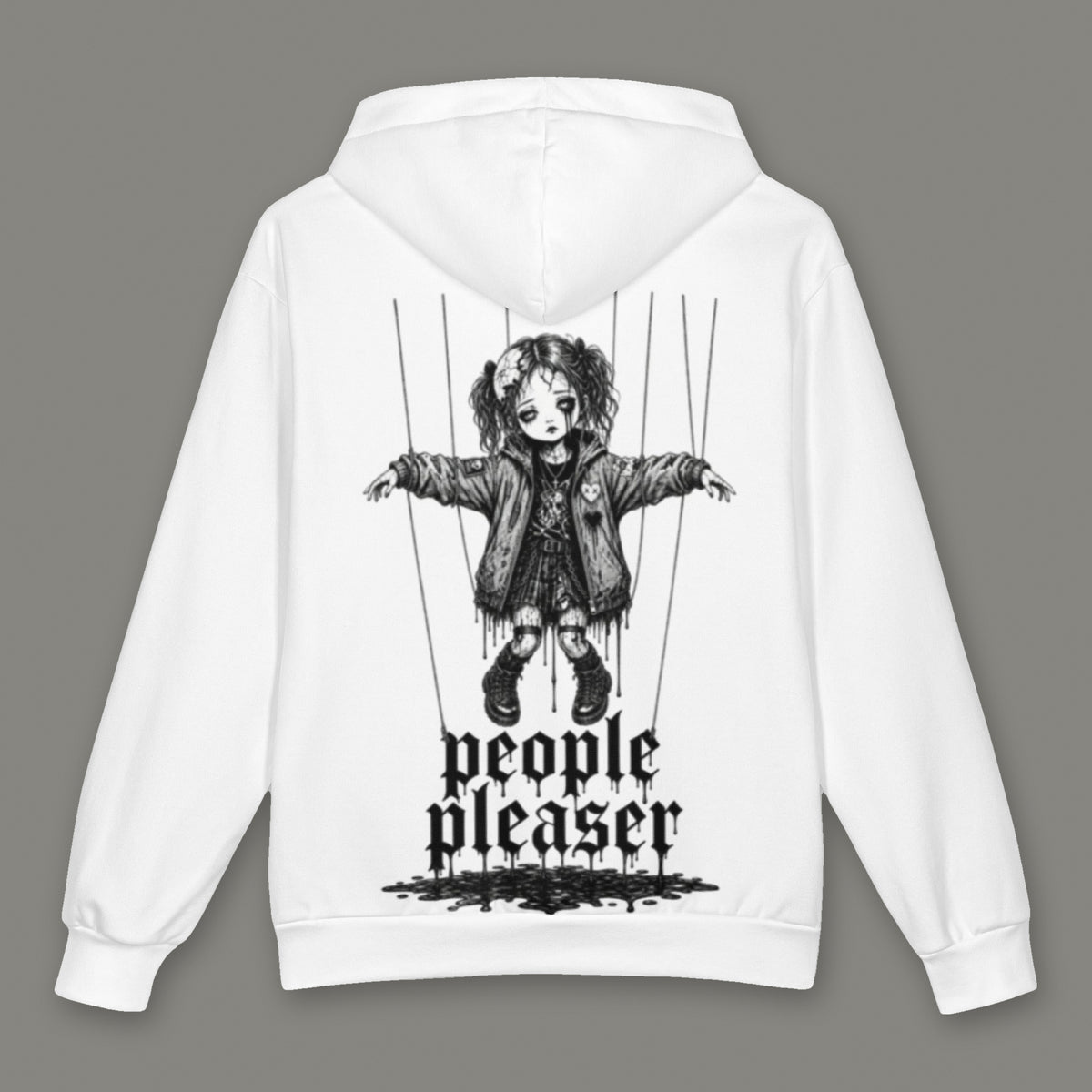 People Pleaser Oversized Cotton Hoodie by Trauma Dump, oversized grunge hoodie with cut-strings marionette print, mockup view 3