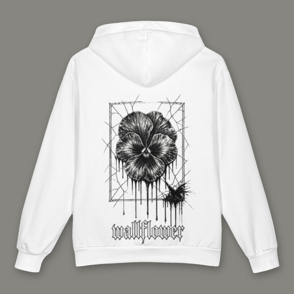Wallflower Oversized Cotton Hoodie by Trauma Dump, oversized grunge hoodie with pressed flower print, mockup view 3