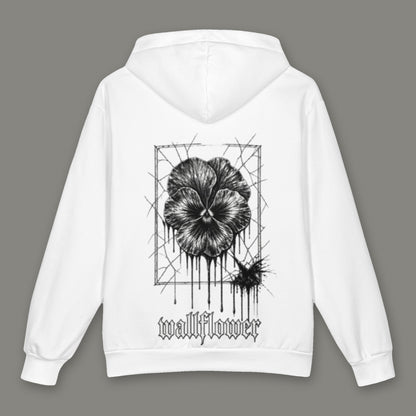 Wallflower Oversized Cotton Hoodie by Trauma Dump, oversized grunge hoodie with pressed flower print, mockup view 3