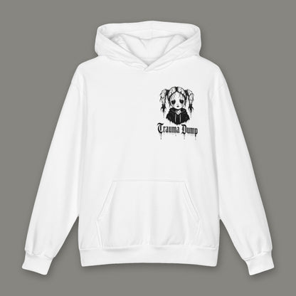 Wallflower Oversized Cotton Hoodie by Trauma Dump, oversized white grunge hoodie front with doll portrait logo, mockup view 2