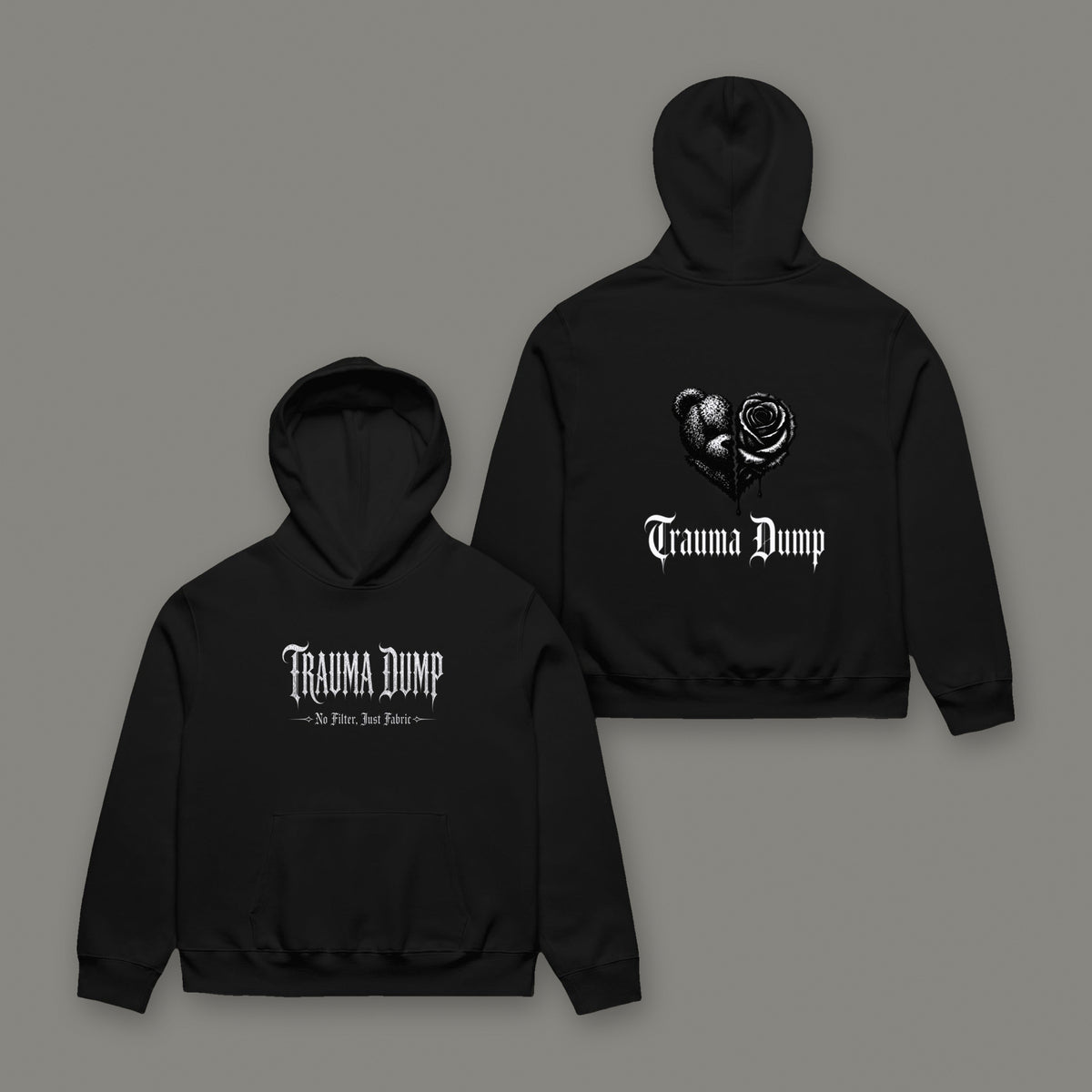 Unisex Oversized Heavyweight Hoodie in black by Trauma Dump, front with TD logo and back with broken heart graphic in white ink (Black, white ink)