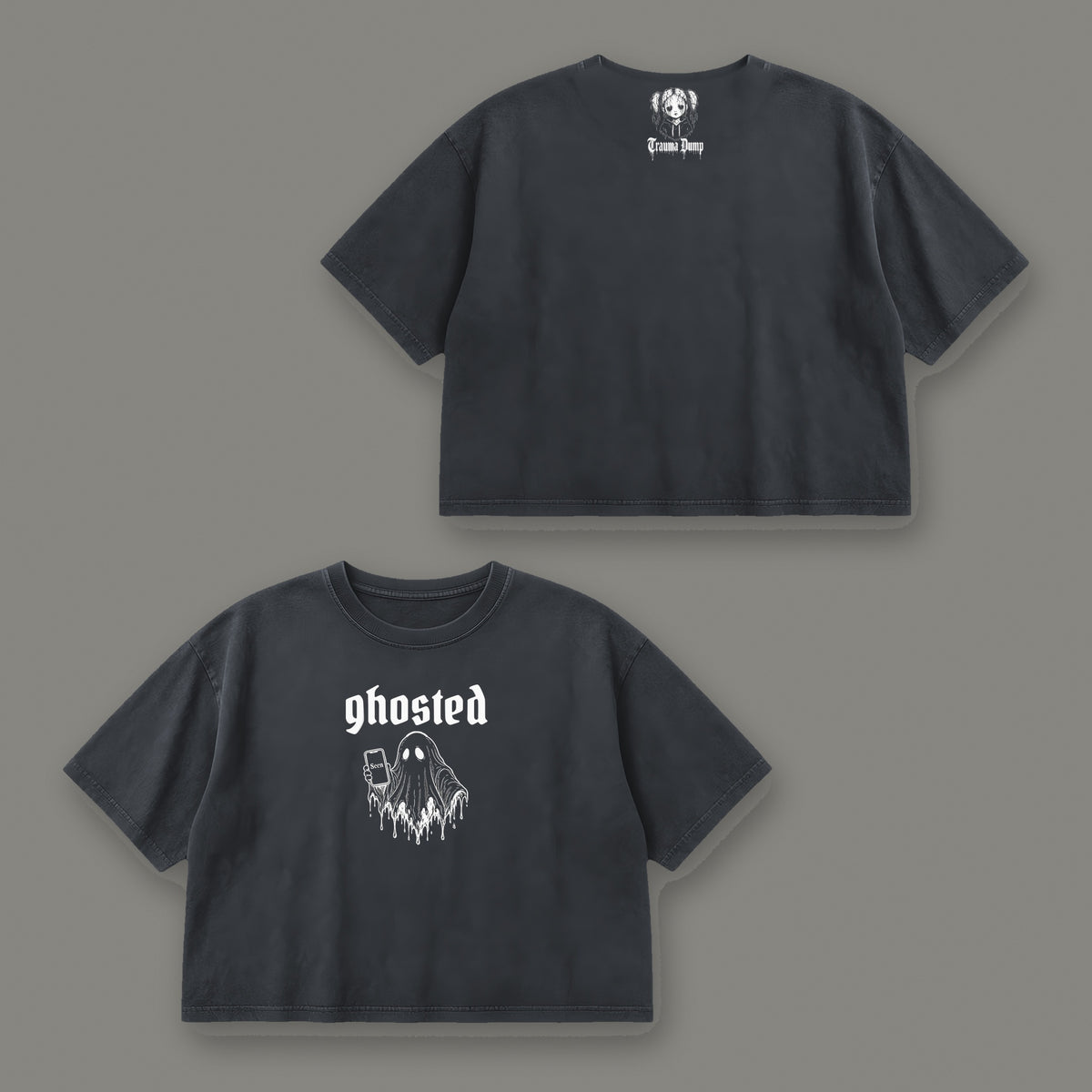 Ghosted Cropped Baby Tee in black, front and back view