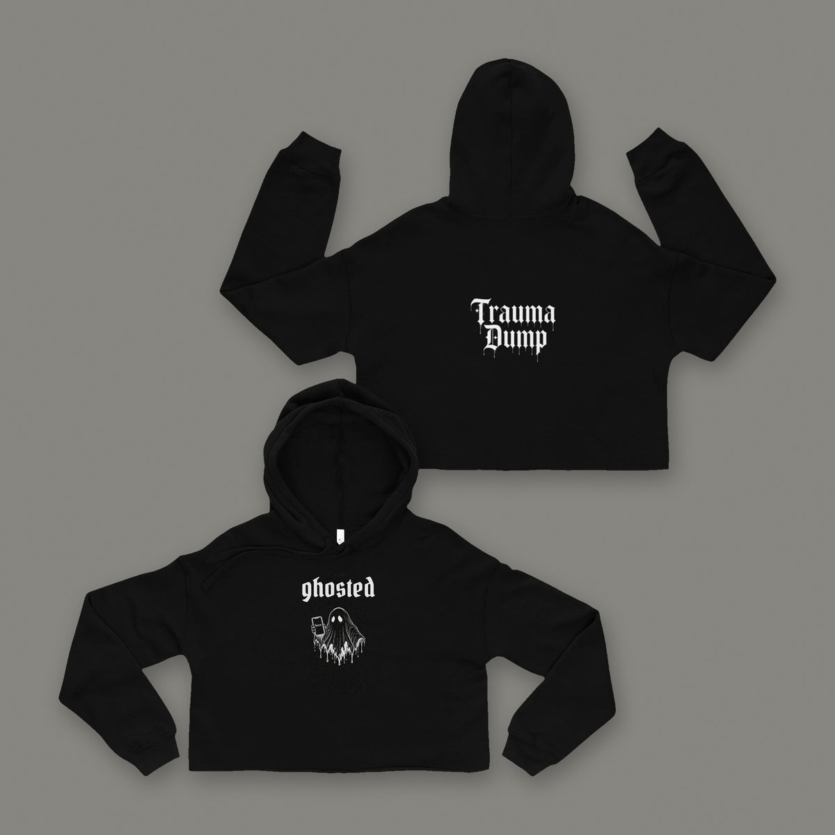 Ghosted Cropped Hoodie in black by Trauma Dump, ghost holding a phone tattoo-style gothic graphic