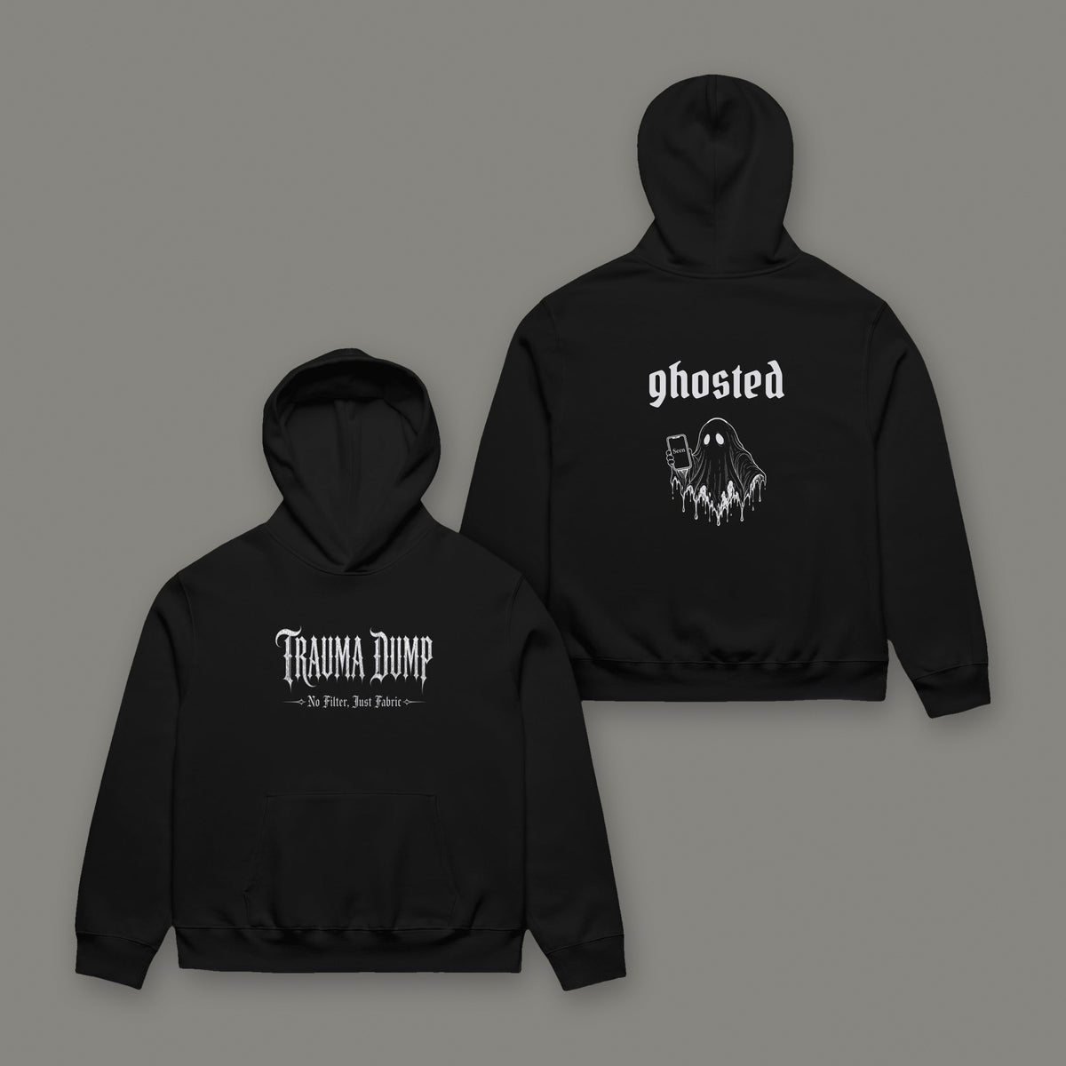 Ghosted Unisex Oversized Heavyweight Hoodie in black by Trauma Dump, front with TD logo and back with ghosted graphic in white ink (Black, white ink)