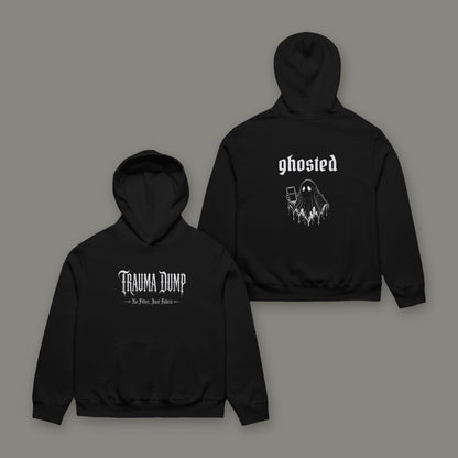 Ghosted Unisex Oversized Heavyweight Hoodie in black by Trauma Dump, front with TD logo and back with ghosted graphic in white ink (Black, white ink)