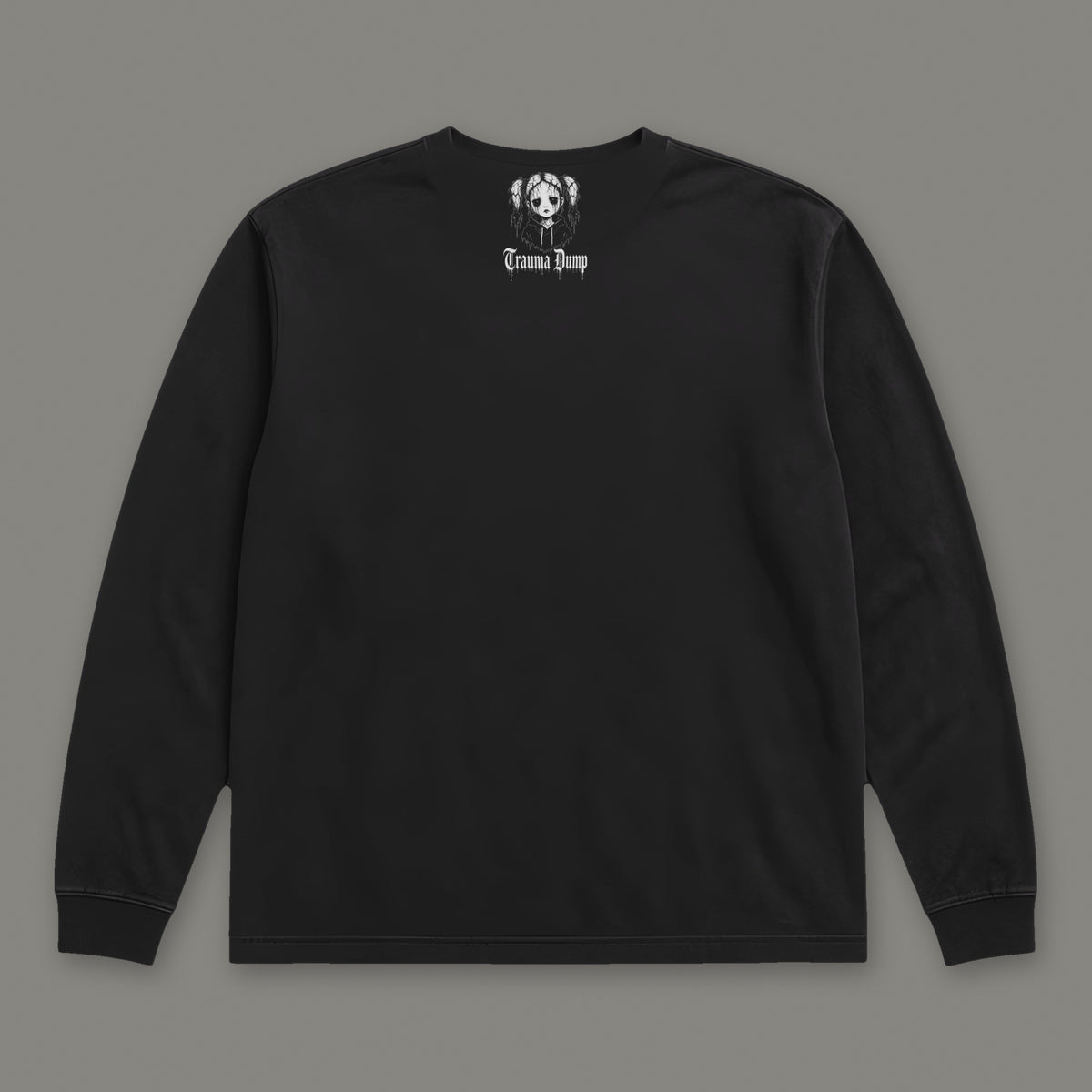Ghosted Long Sleeve Tee in black, back view with doll portrait logo under the collar (Black, white ink)