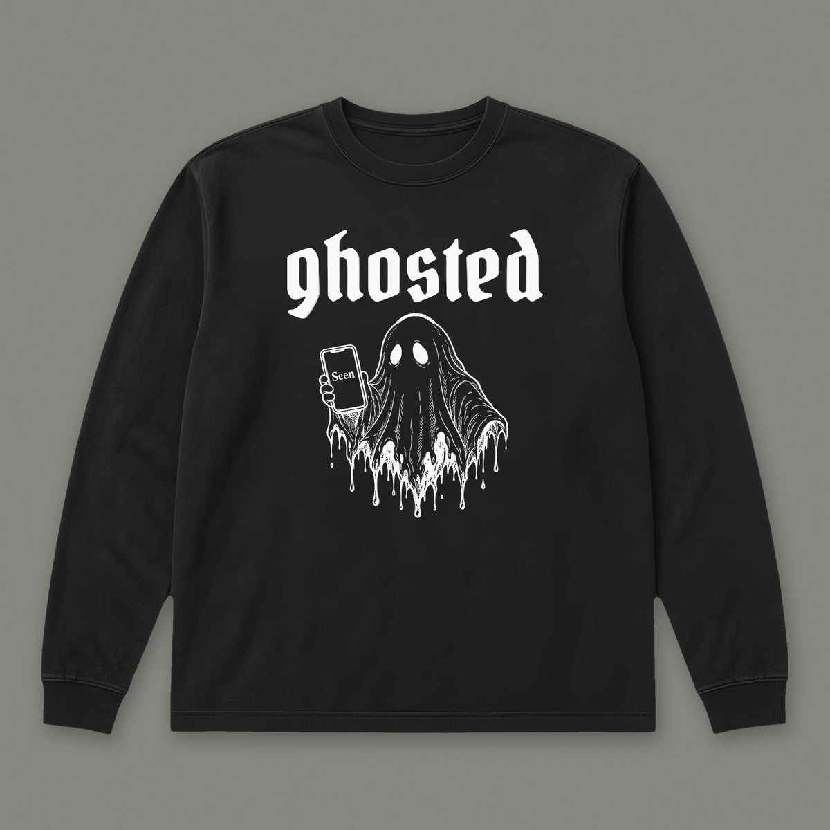 Ghosted Long Sleeve Tee in black, front view (Black, white ink)