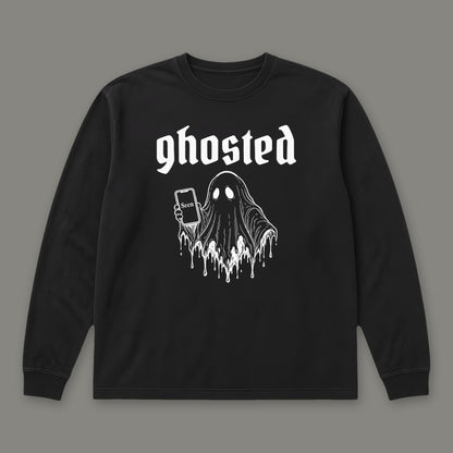 Ghosted Long Sleeve Tee in black, front view (Black, white ink)