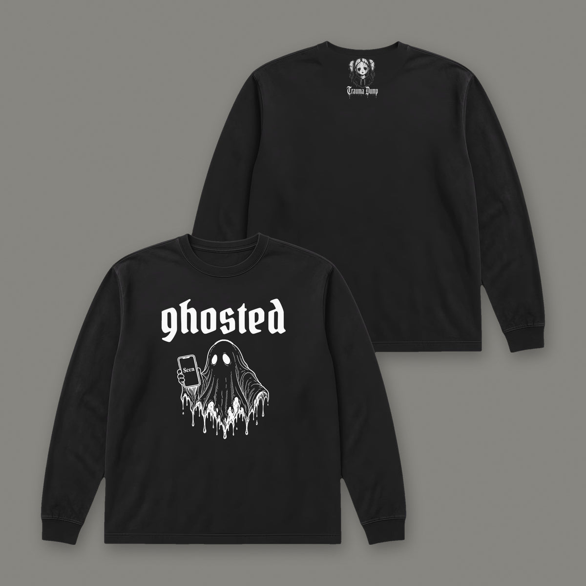 Ghosted Long Sleeve Tee in black, front and back view (Black, white ink)