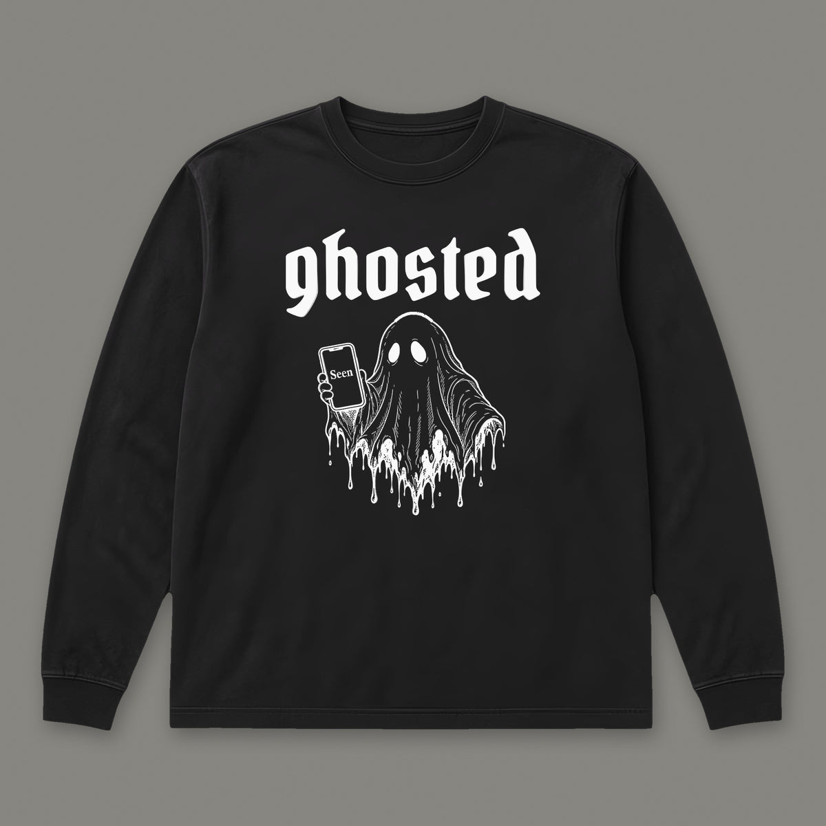 Ghosted Long Sleeve Tee in black, front view (Black, white ink)