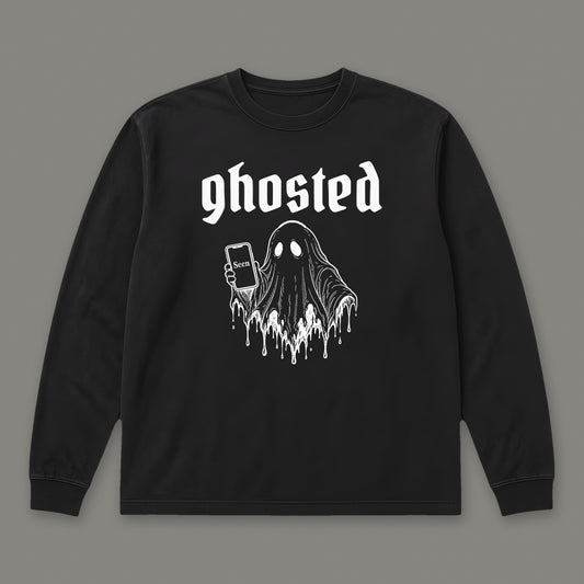 Ghosted Long Sleeve Tee in black, front view (Black, white ink)