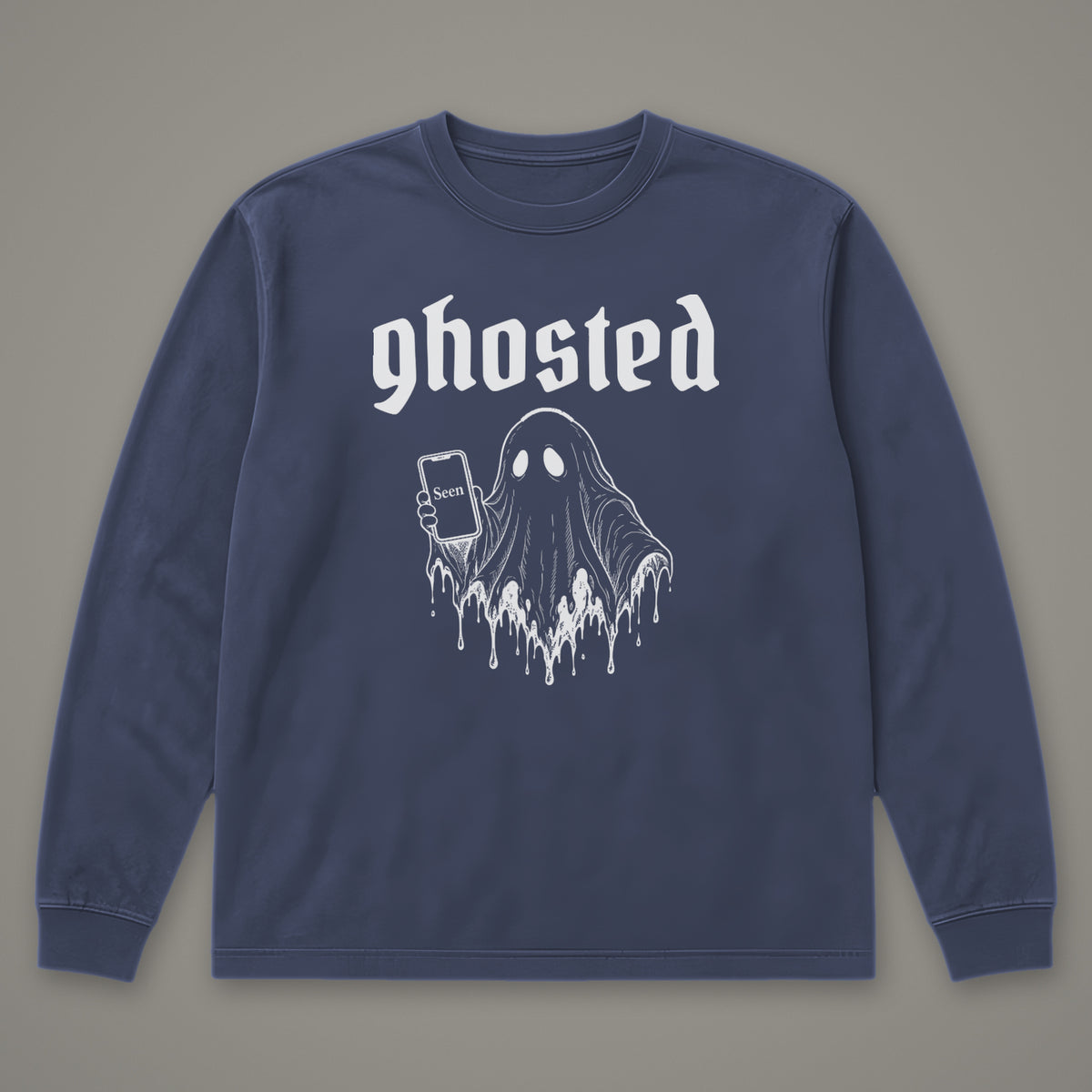 Ghosted Long Sleeve Tee in navy, front view (Navy, white ink)