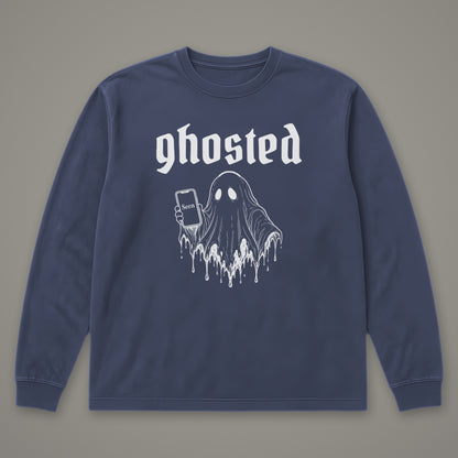 Ghosted Long Sleeve Tee in navy, front view (Navy, white ink)