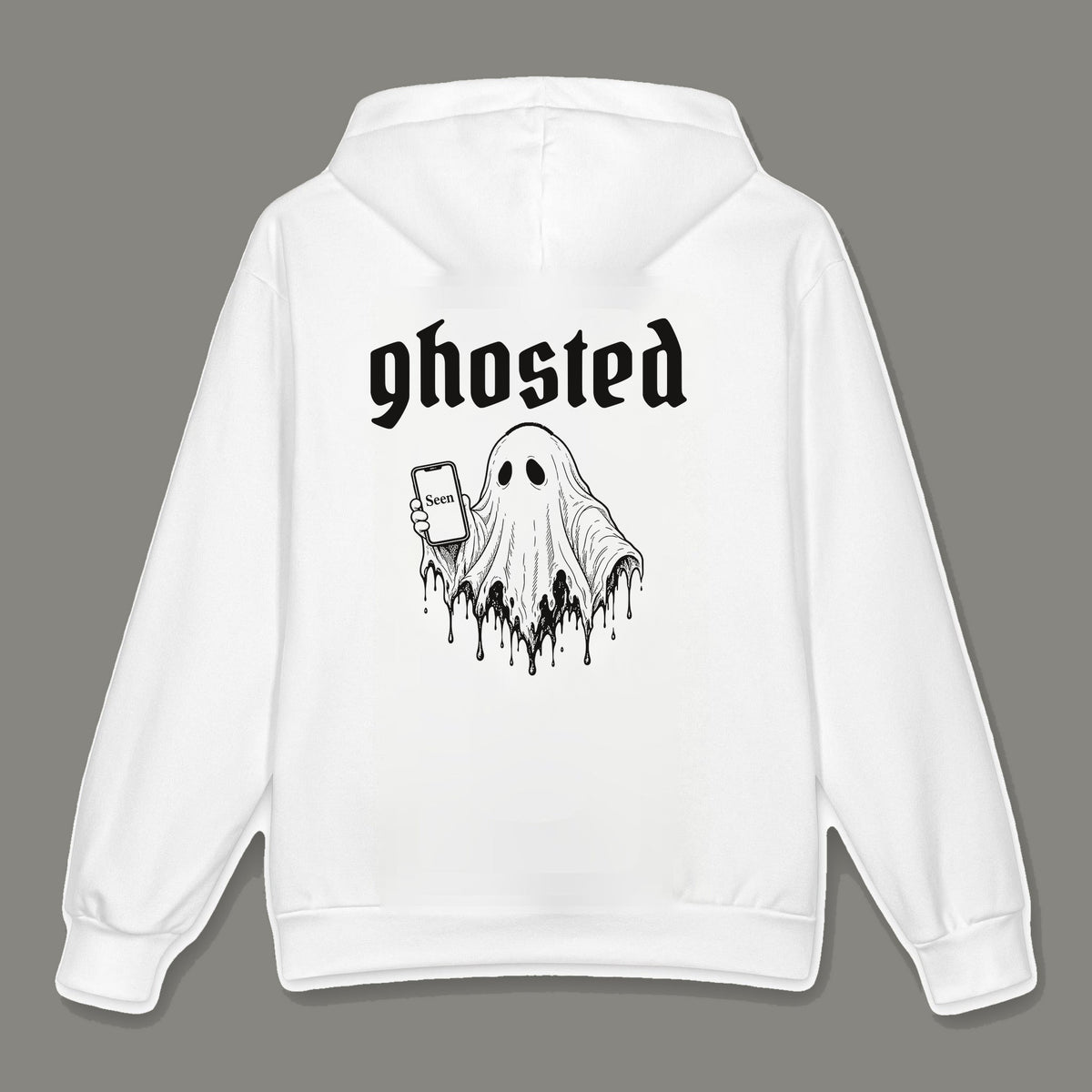 Ghosted Oversized Cotton Hoodie by Trauma Dump, white oversized grunge hoodie back with ghost holding a phone print, mockup view 2