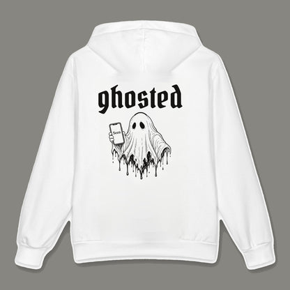 Ghosted Oversized Cotton Hoodie by Trauma Dump, white oversized grunge hoodie back with ghost holding a phone print, mockup view 2