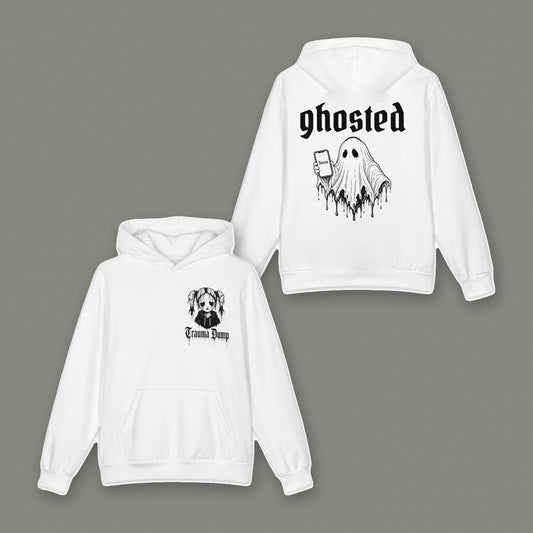 Ghosted Oversized Cotton Hoodie in white by Trauma Dump, ghost holding a phone tattoo-style gothic graphic