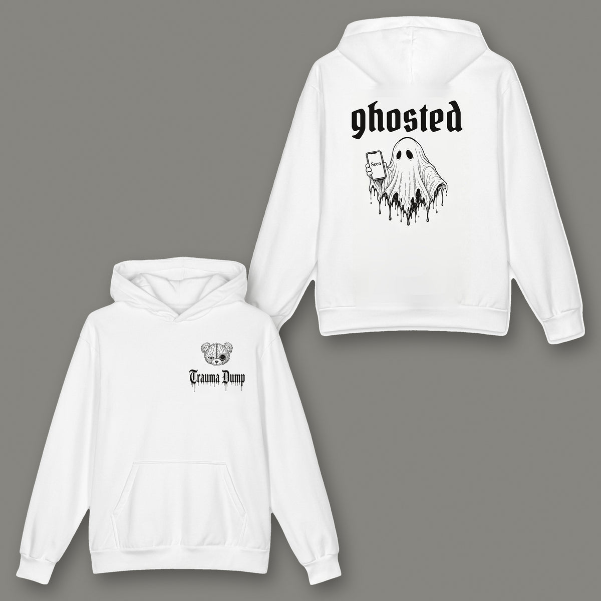 Ghosted Oversized Cotton Hoodie in white by Trauma Dump, ghost holding a phone tattoo-style gothic graphic