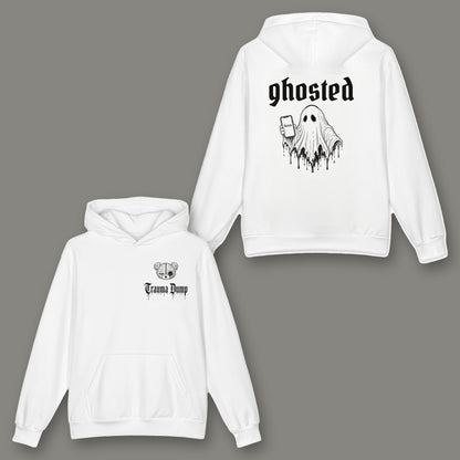 Ghosted Oversized Cotton Hoodie in white by Trauma Dump, ghost holding a phone tattoo-style gothic graphic
