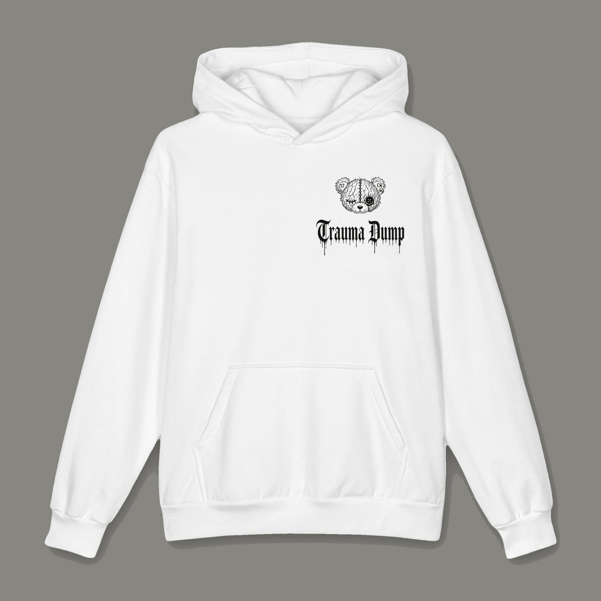 Ghosted Oversized Cotton Hoodie by Trauma Dump, white oversized grunge hoodie front with Trauma Dump bear-head logo, mockup view 3