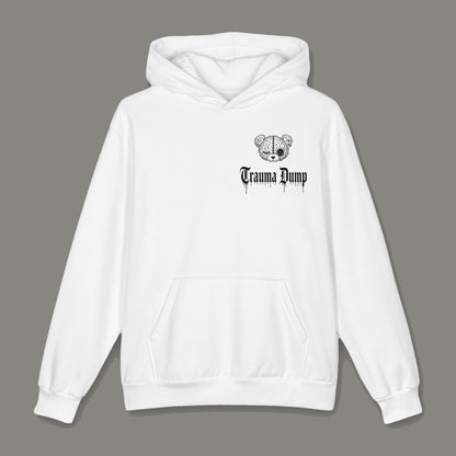 Ghosted Oversized Cotton Hoodie by Trauma Dump, white oversized grunge hoodie front with Trauma Dump bear-head logo, mockup view 3