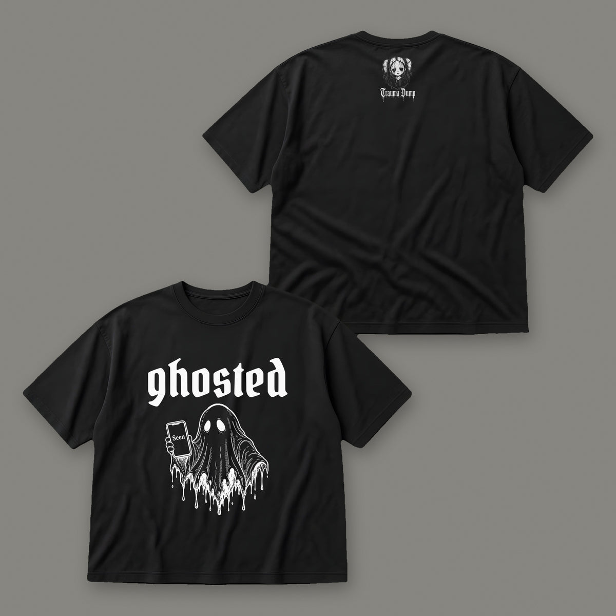 Ghosted Men's Oversized Tee by Trauma Dump, front and back view of black goth tee