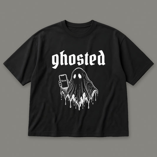 Ghosted Men's Oversized Tee in black by Trauma Dump, little ghost with phone left on read tattoo-style gothic graphic