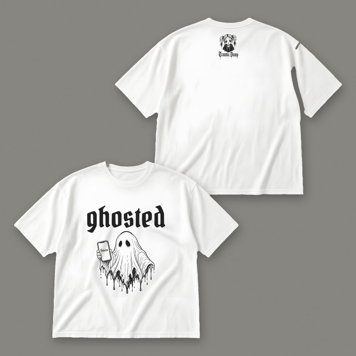 Ghosted Men's Oversized Tee - White by Trauma Dump, front and back view of white goth tee with black ink