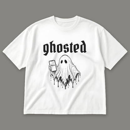 Ghosted Men's Oversized Tee in white by Trauma Dump, little ghost with phone left on read tattoo-style gothic graphic in black ink