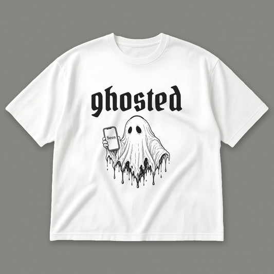 Ghosted Men's Oversized Tee in white by Trauma Dump, little ghost with phone left on read tattoo-style gothic graphic in black ink