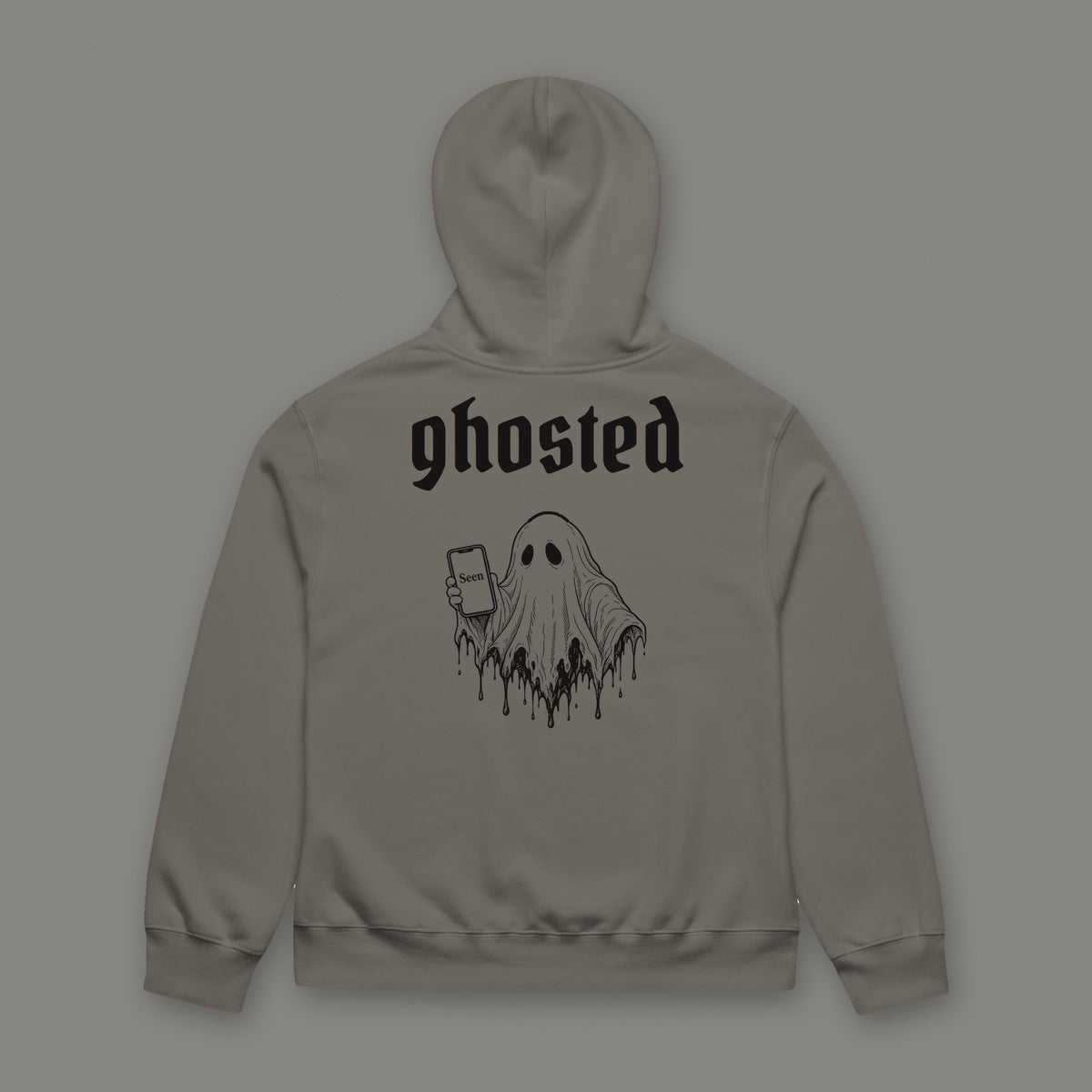 Ghosted Oversized Heavyweight Hoodie in asphalt by Trauma Dump, oversized asphalt goth hoodie back with ghost holding a phone print in black ink (Asphalt, black ink)