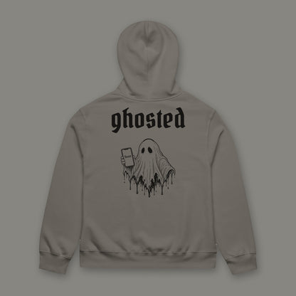 Ghosted Oversized Heavyweight Hoodie in asphalt by Trauma Dump, oversized asphalt goth hoodie back with ghost holding a phone print in black ink (Asphalt, black ink)