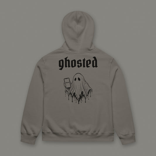 Ghosted Oversized Heavyweight Hoodie in asphalt by Trauma Dump, oversized asphalt goth hoodie back with ghost holding a phone print in black ink (Asphalt, black ink)