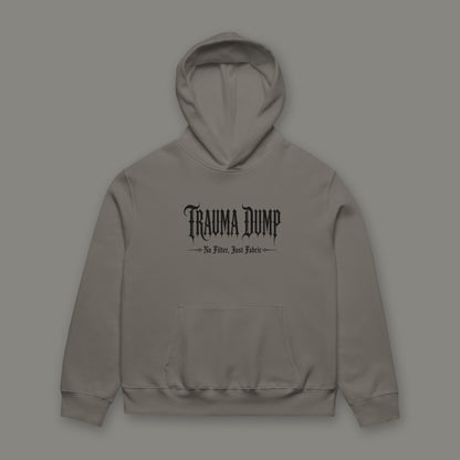 Ghosted Oversized Heavyweight Hoodie in asphalt by Trauma Dump, oversized asphalt goth hoodie front with Trauma Dump gothic logo in black ink (Asphalt, black ink)