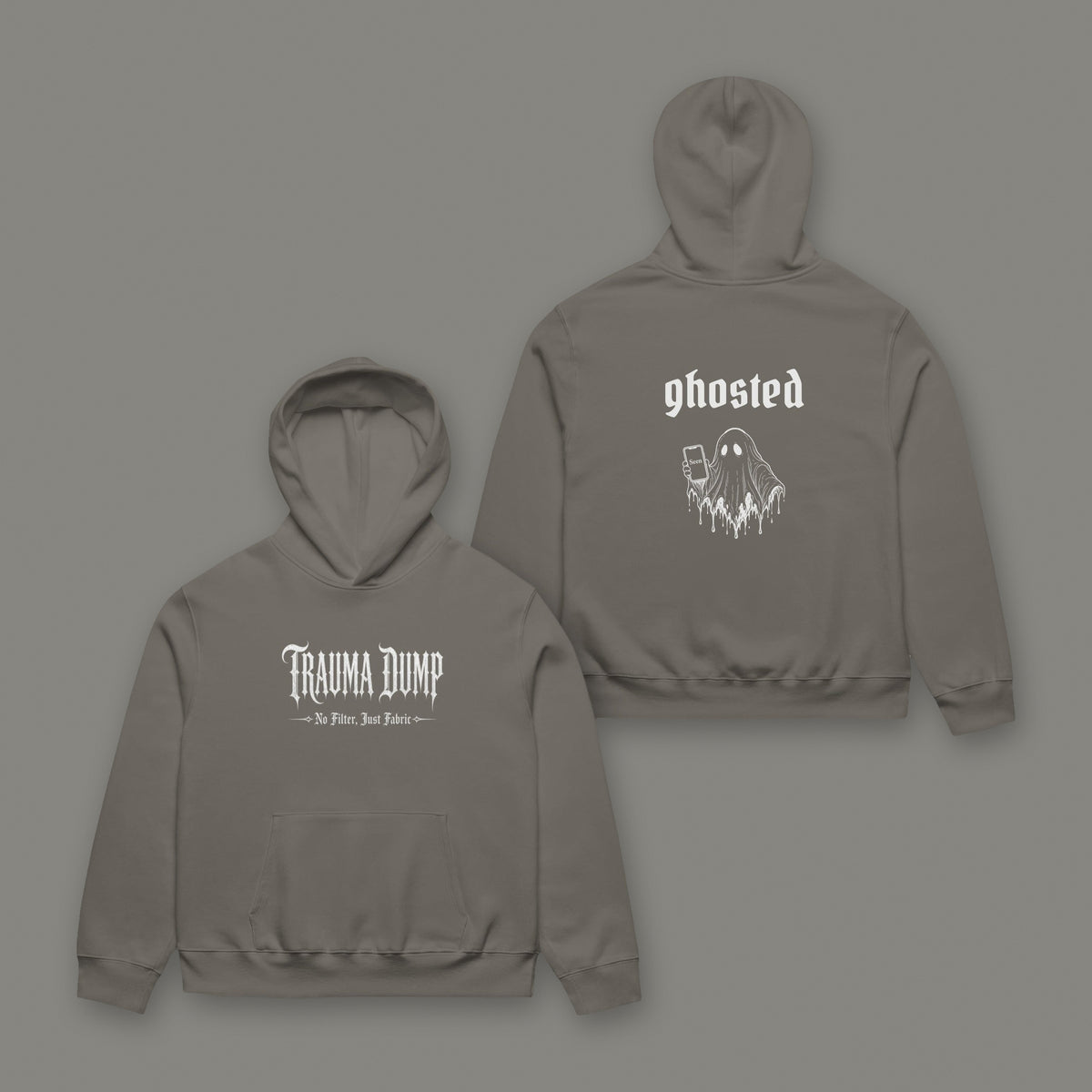 Ghosted Oversized Heavyweight Hoodie in asphalt black by Trauma Dump, ghost holding a phone tattoo-style gothic graphic (Asphalt, white ink)