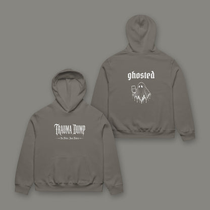 Ghosted Oversized Heavyweight Hoodie in asphalt black by Trauma Dump, ghost holding a phone tattoo-style gothic graphic (Asphalt, white ink)