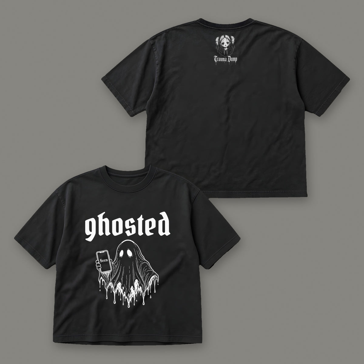 Ghosted Women's Boxy Tee by Trauma Dump, front and back view of black goth tee (Black, white ink)