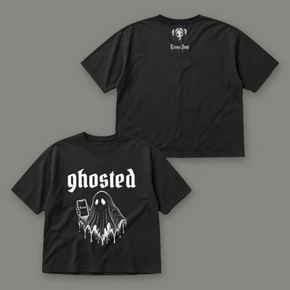 Ghosted Women's Boxy Tee by Trauma Dump, front and back view of black goth tee (Black, white ink)